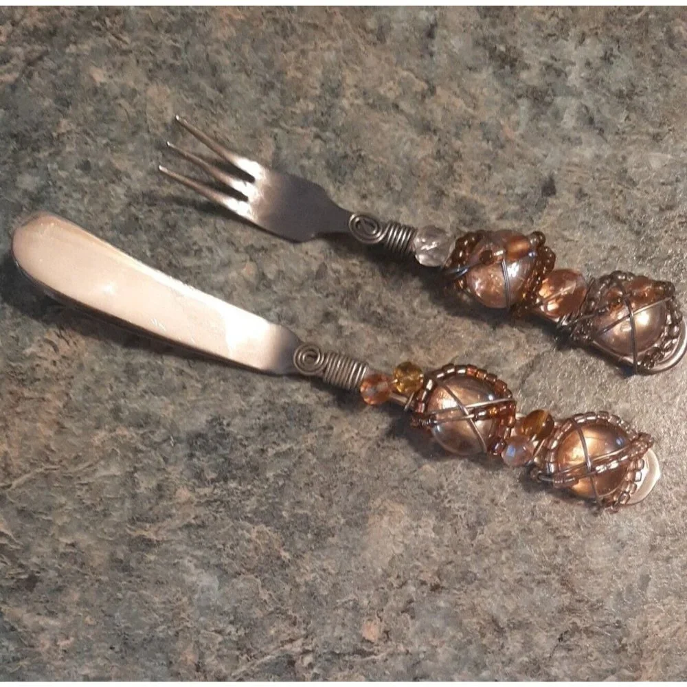 2 Jeweled Beaded Wire Hors d'Oeuvre Utensil Knife Fork Stainless Appetizer Amber